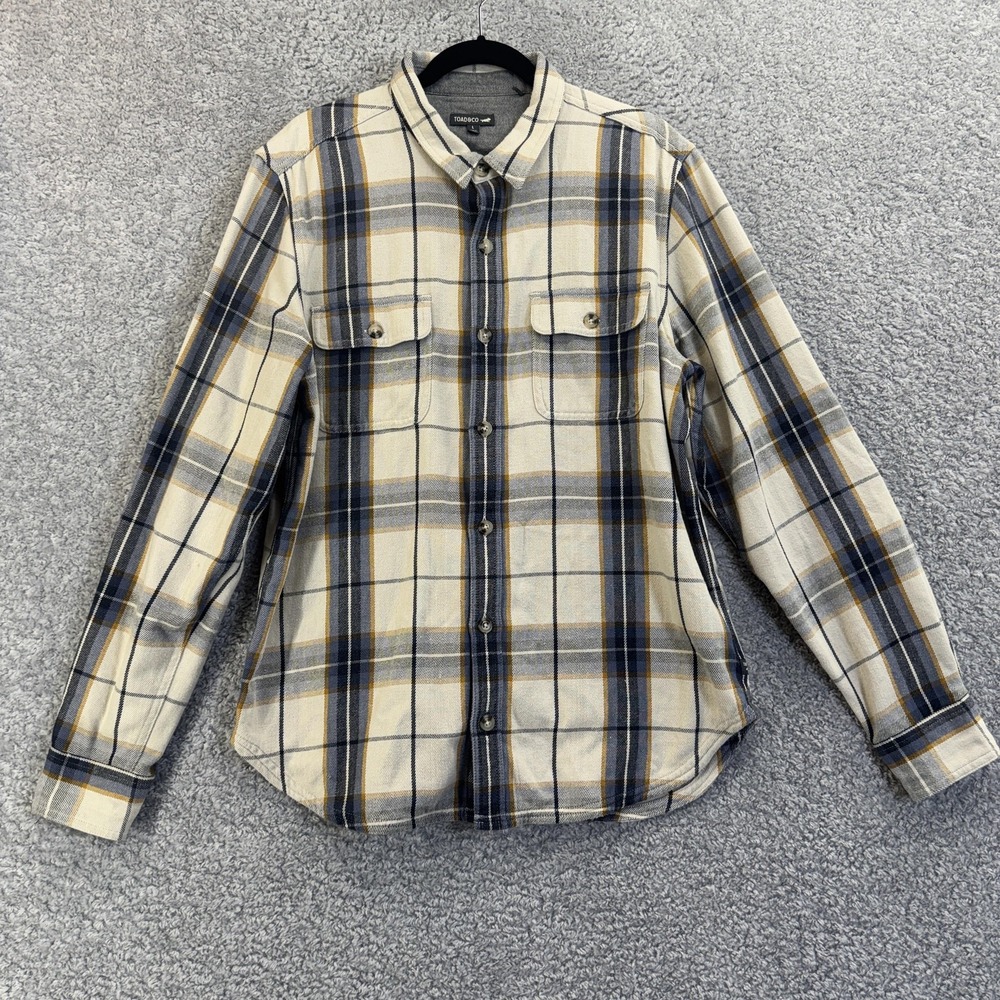 Toad&Co Shirt Mens Large Beige Blue Plaid Flannel Long Sleeve Button Up Casual